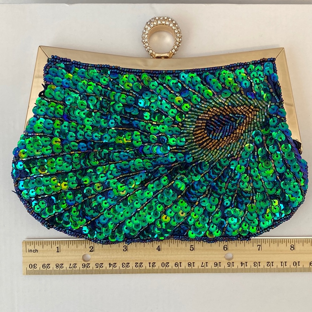 Sequin peacock clutch